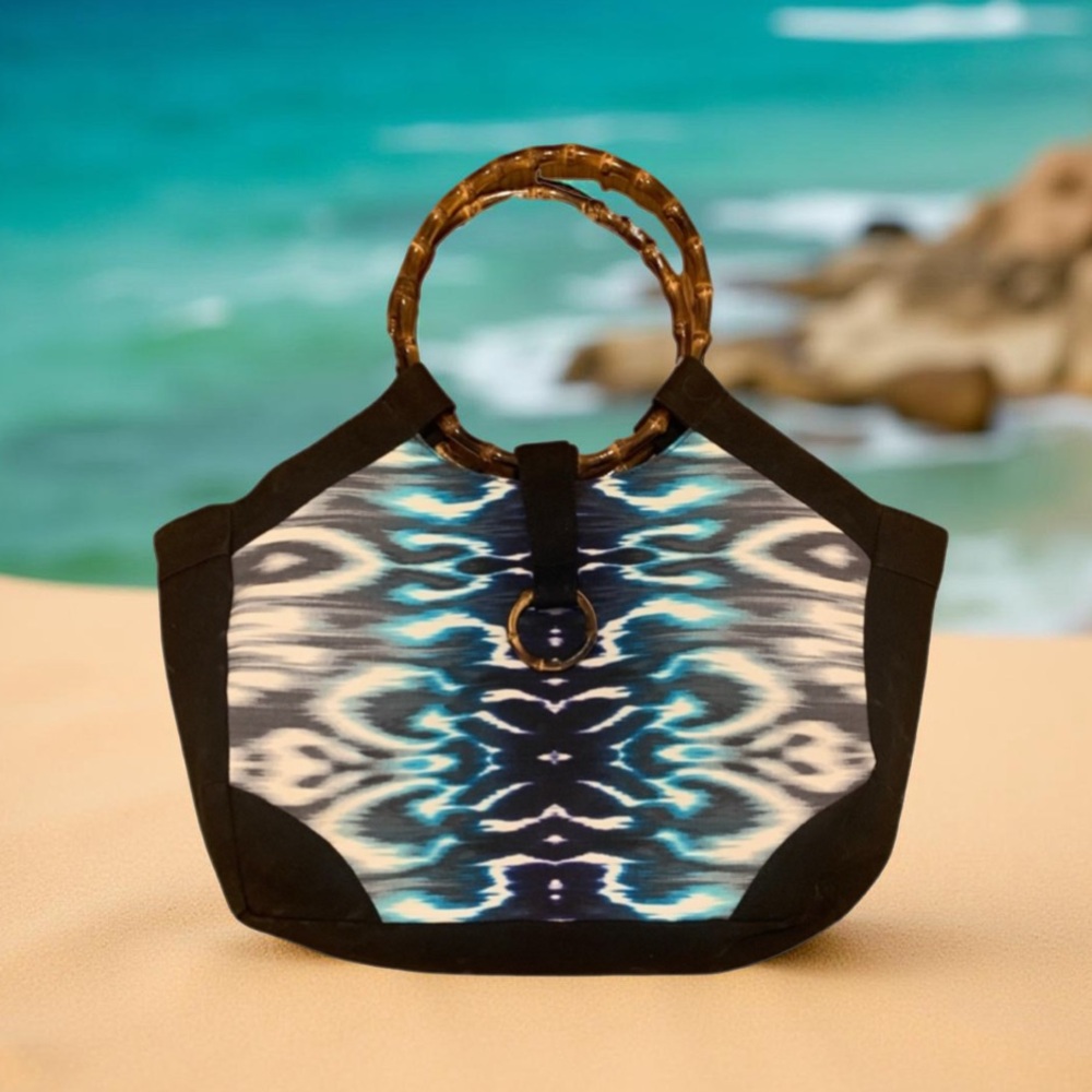 Carmen Marc Valvo black, white, navy and turquoise pool bag/ large tote bag